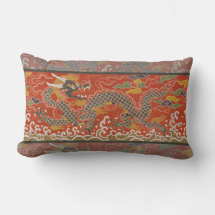 Red Satin Brocade with Cloud Chinese Dragon Lumbar Pillow