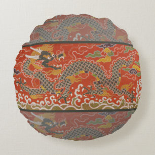 Red Satin Brocade with Cloud Chinese Dragon Round Pillow