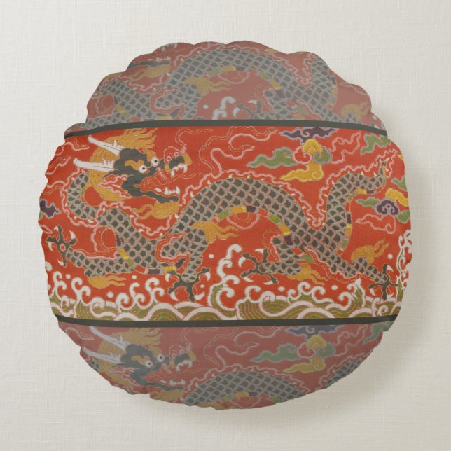 Red Satin Brocade with Cloud Chinese Dragon Round Pillow (Front)