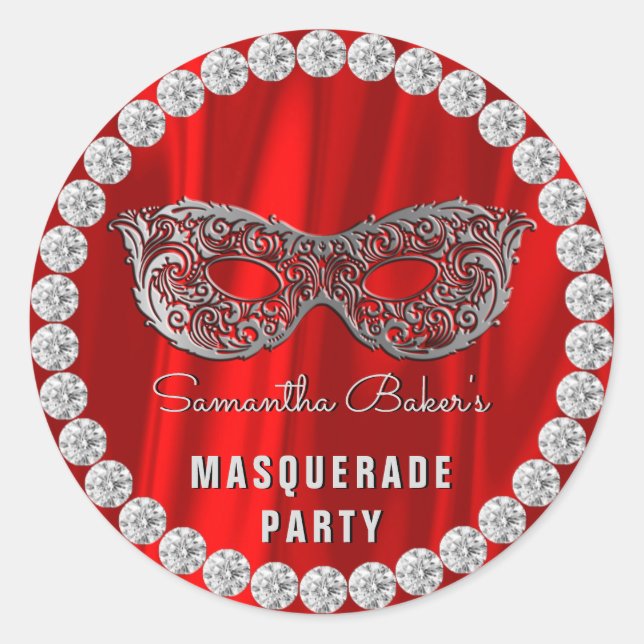 Red Satin Diamonds Masquerade Party Glam Birthday Classic Round Sticker (Front)