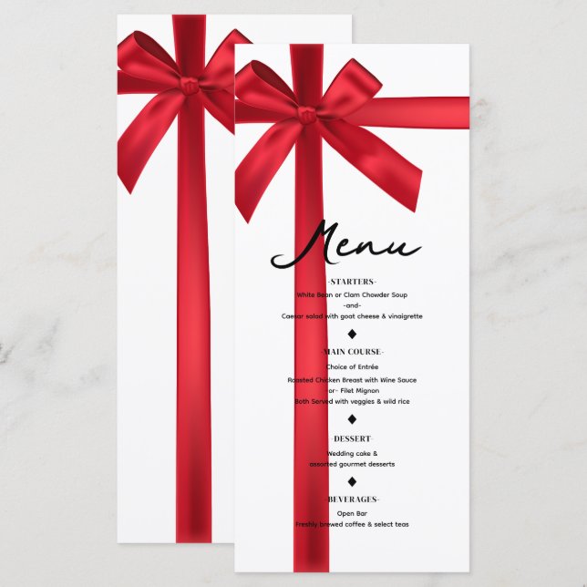 Red Satin Ribbon Bow Christmas Holiday Party Menu (Devant / Derrière)