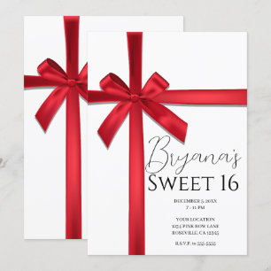 Red Satin Ribbon Bow Sweet 16 Birthday Party Invitation