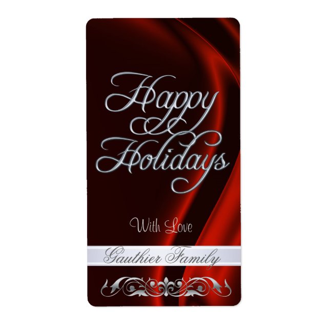 Red Satin Silver Scroll Happy Holidays Wine Label (Front)