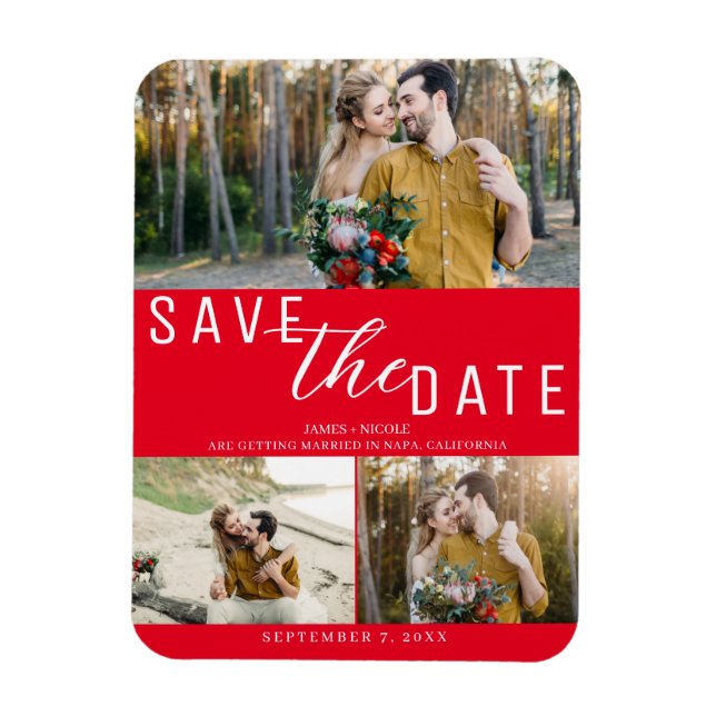 Red Save the Date Wedding 3 Photos Magnet (Vertical)