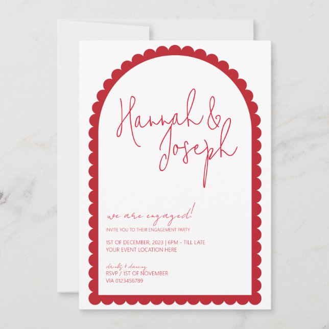 Red Scallop Edge Arch Wave Border Engagement Party Invitation (Front)