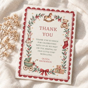 Red Scallop Vintage Toys Christmas Baby Shower Thank You Card