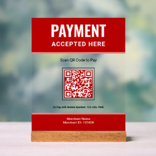 Red Scan to Pay QR Code Business Payment Acrylic Sign