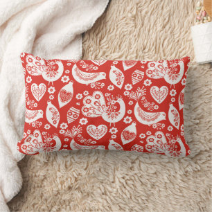 Red Scandinavian Christmas Pattern with Birds Lumbar Pillow