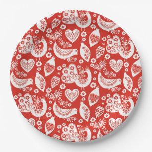 Red Scandinavian Christmas Pattern with Birds Paper Plate