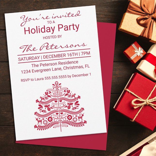 Red Scandinavian Christmas Tree Holiday Party  Invitation (Creator Uploaded)