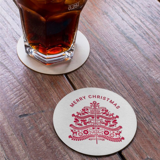 Red Scandinavian Folk Art Christmas Tree Round Paper Coaster (Creator Uploaded)