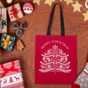 Red Scandinavian Folk Art Christmas Tree Tote Bag