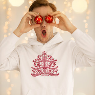 Red Scandinavian Folk Art Nordic Christmas Tree Hoodie