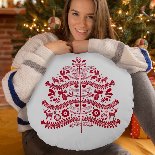 Red Scandinavian Folk Art Nordic Christmas Tree Round Pillow (Creator Uploaded)