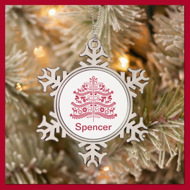 Red Scandinavian Folk Art Nordic Christmas Tree Snowflake Pewter Christmas Ornament (Creator Uploaded)