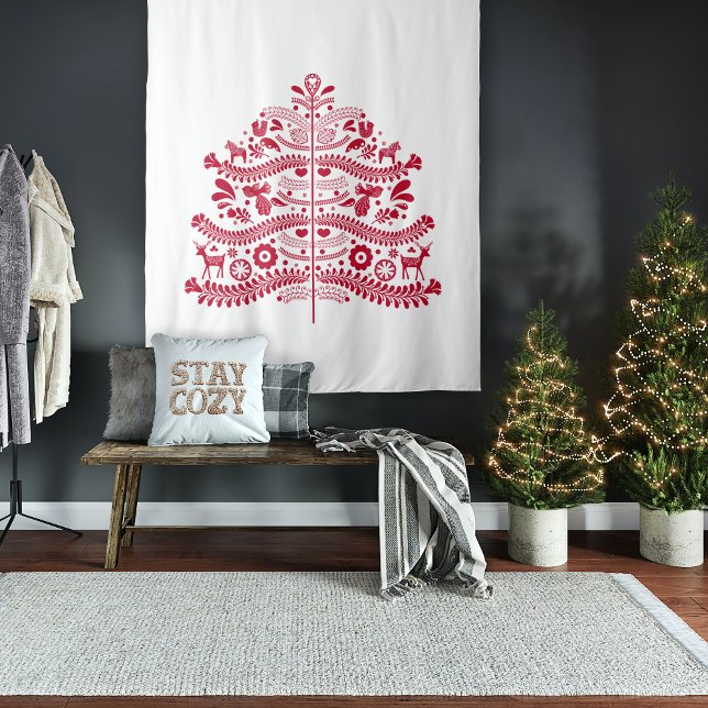 Red Scandinavian Folk Art Nordic Christmas Tree Tapestry (Creator Uploaded)