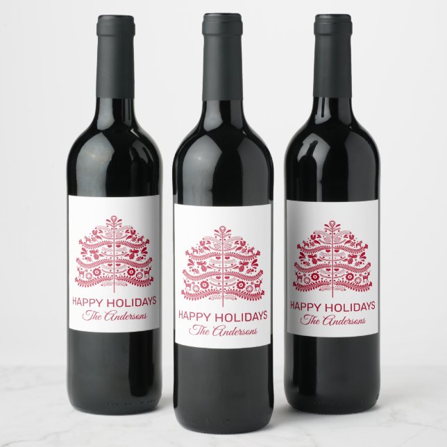 Red Scandinavian Folk Art Nordic Christmas Tree Wine Label (Bottles)