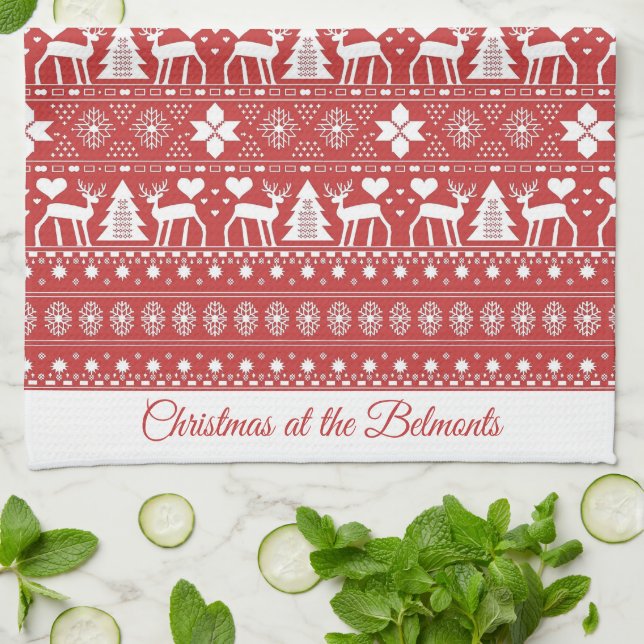 Red Scandinavian Personalized Name Christmas Kitchen Towel (Folded)