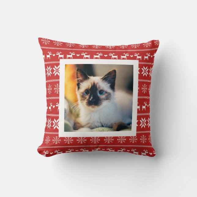 Red Scandinavian Winter Pattern - Add Photo Throw Pillow (Front)