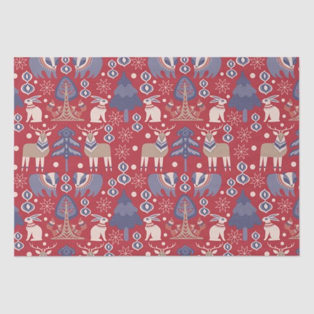 Red Scandinavian Winter Reindeer Rabbit Tissue Paper (Front)