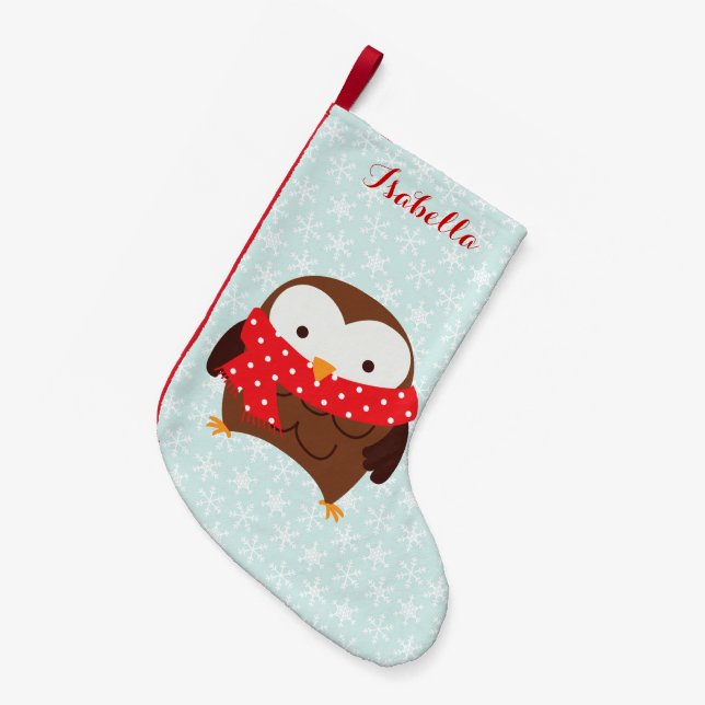 Red Scarf Holiday Owl Personalized Small Christmas Stocking (Front (Hanging))