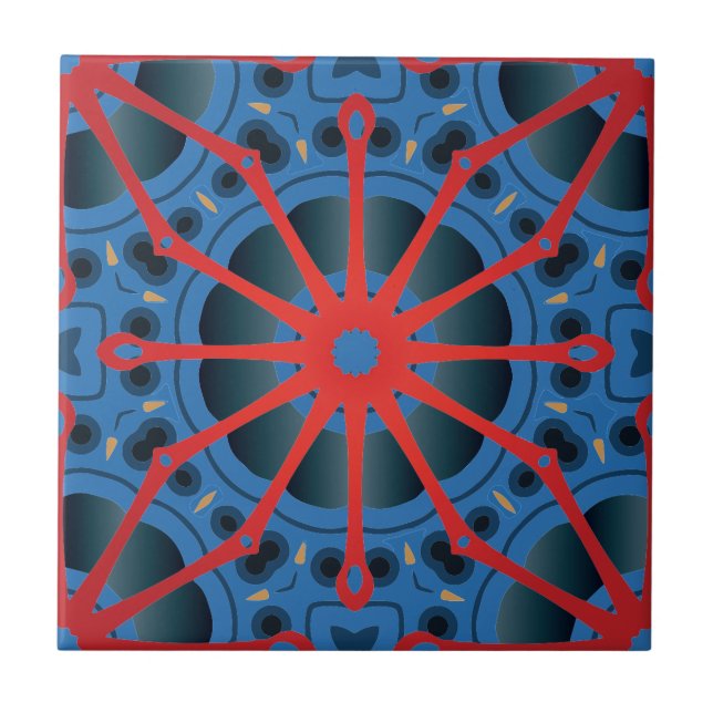 Red Scarlet and Blue Indigo Ethnic Boho Pattern Tile (Front)
