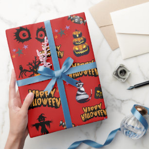 red Scary Halloween Eyes Pumpkin Cat Wrapping Paper