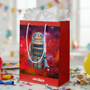 Red sci fi retro toy robot galaxy custom name cool medium gift bag