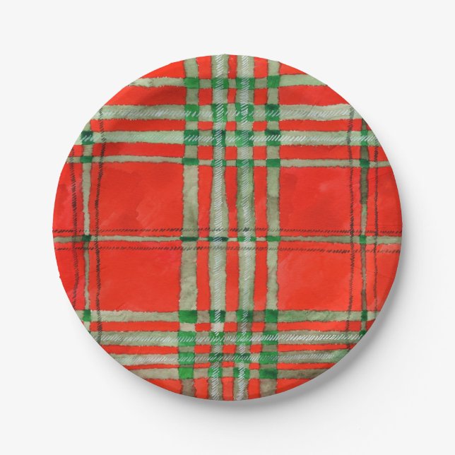 RED SCOTT TARTAN 7" Round Paper Plates (Front)
