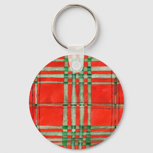 RED SCOTT TARTAN Aluminum Circle Keychain (Front)