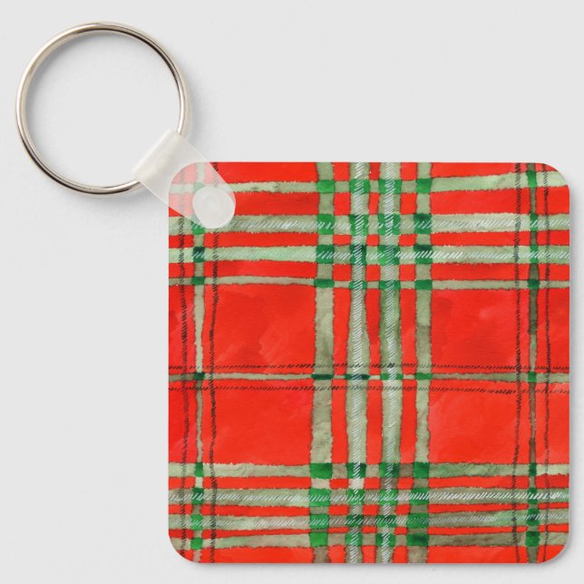 RED SCOTT TARTAN Aluminum Square Keychain (Front)