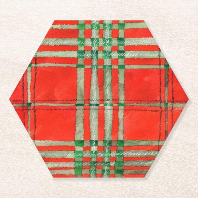 RED SCOTT TARTAN Hexagon Paper Coasters (Front)