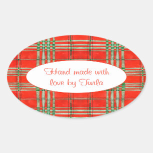 RED SCOTT TARTAN Oval "Hand Made" Stickers