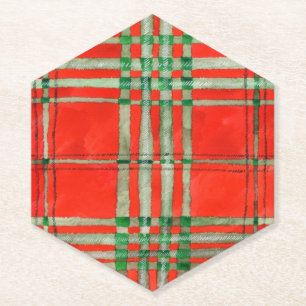 RED SCOTT TARTAN Pointed Hexagon Paper Coasters