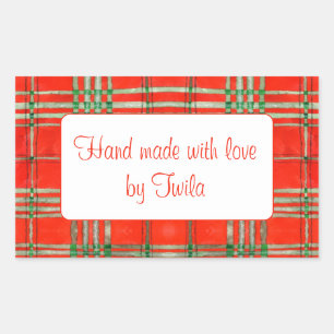 RED SCOTT TARTAN Rectangle "Hand Made" Stickers