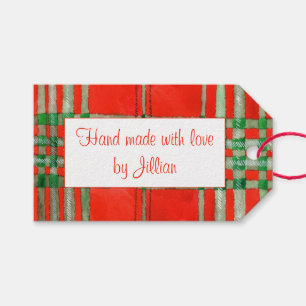 RED SCOTT TARTAN Rectangle "Hand Made" Tags