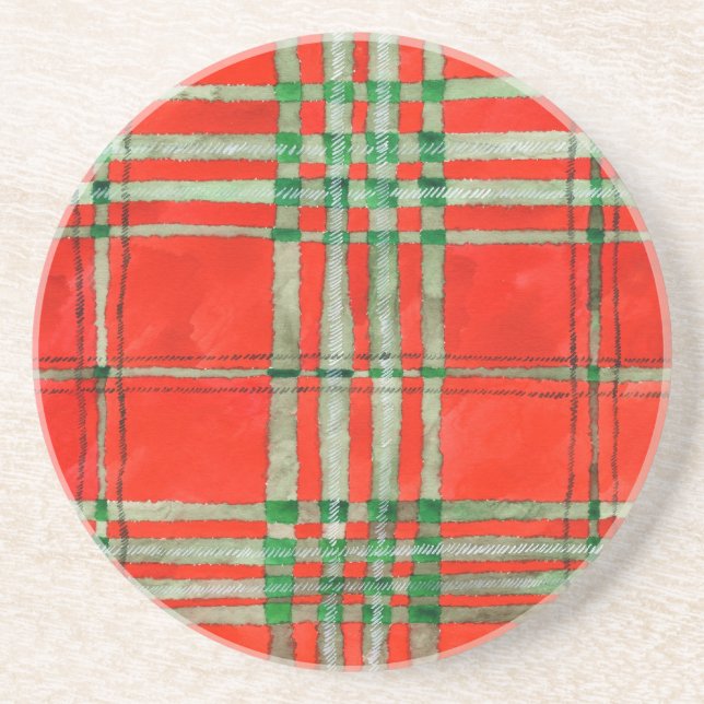 RED SCOTT TARTAN Round Sandstone Coaster (Front)