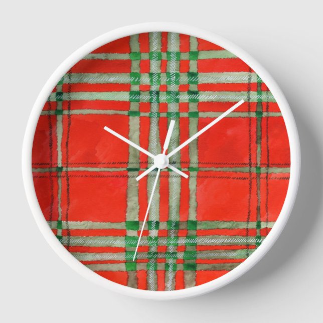 RED SCOTT TARTAN Round White Frame Wall Clock (Front)