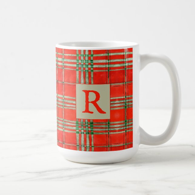 RED SCOTT TARTAN Tall White Mug + Initial (Right)