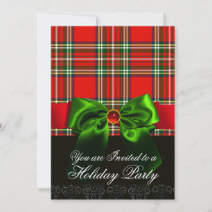 RED SCOTTISH TARTAN AND GREEN BOW CHRISTMAS PARTY INVITATION
