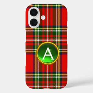 RED SCOTTISH TARTAN AND GREEN GEMSTONE MONOGRAM iPhone 16 CASE
