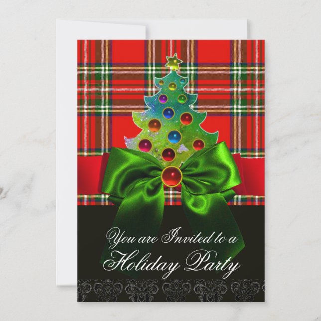 RED SCOTTISH TARTAN ,GREEN BOW AND CHRISTMAS TREE INVITATION (Front)