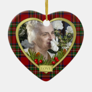 Red Scottish Tartan Memorial Heart Photo Christmas Ceramic Ornament