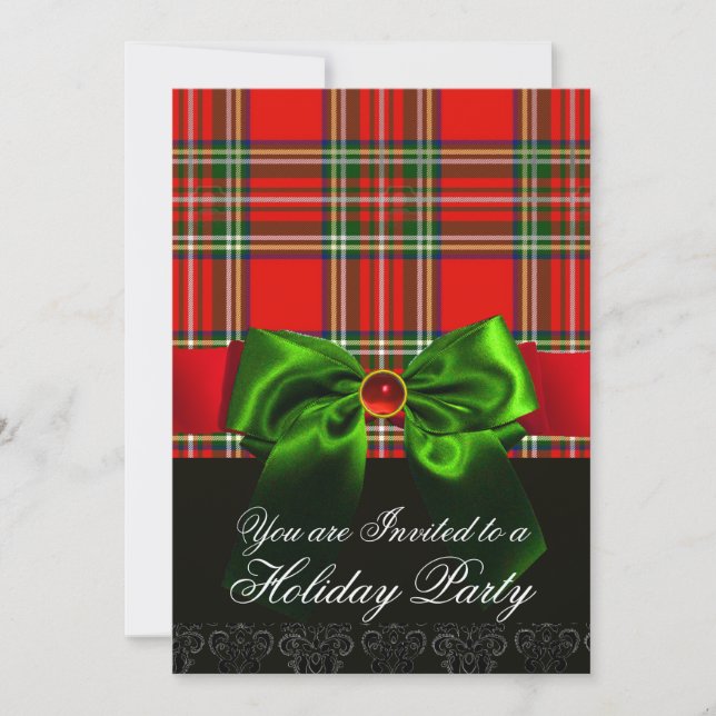 RED SCOTTISH TARTAN WITH GREEN BOW CHRISTMAS PARTY INVITATION (Front)