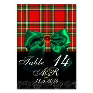 RED SCOTTISH TARTAN WITH GREEN BOW MONOGRAM TABLE NUMBER