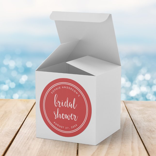 Red Script and White Stripes Bridal Shower Classic Round Sticker (Creator Uploaded)