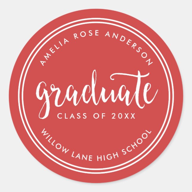 Red Script and White Stripes Graduate Graduation Classic Round Sticker (Front)