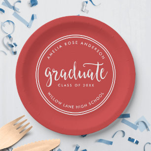 Red Script and White Stripes Graduate Graduation Paper Plate