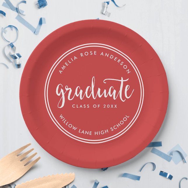 Red Script and White Stripes Graduate Graduation Paper Plate (Creator Uploaded)