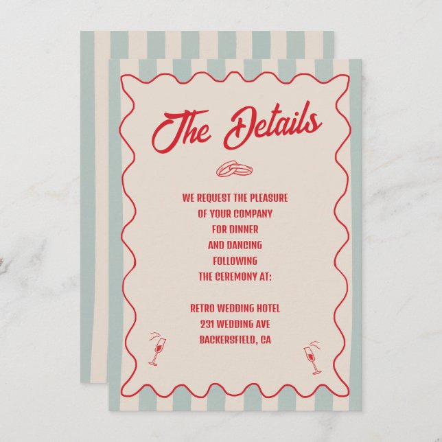 Red Script Blue Line QR Code Retro Wedding Details Enclosure Card (Front/Back)